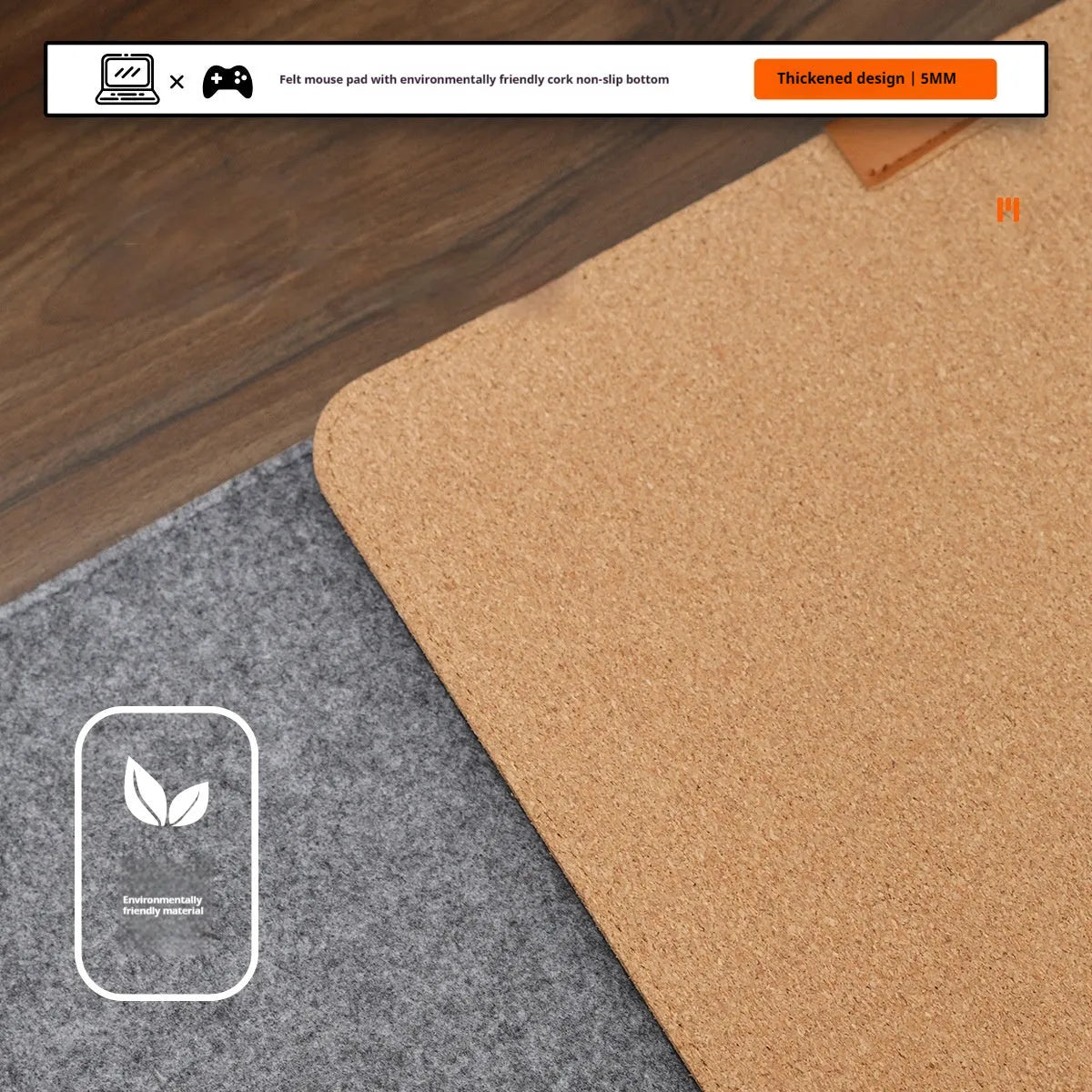 Oversized felt cork desk mat with Japanese simple design in grey colour options on wooden desk surface
