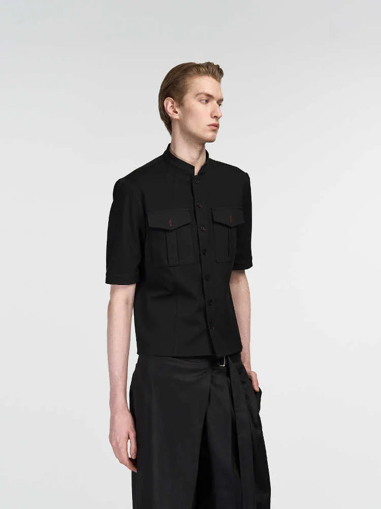 Handmade black half sleeve hunting shirt with shirt collar and single-breasted placket