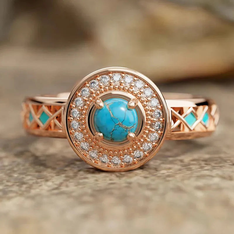 Women's turquoise zircon ethnic ring with geometric design in rose gold copper