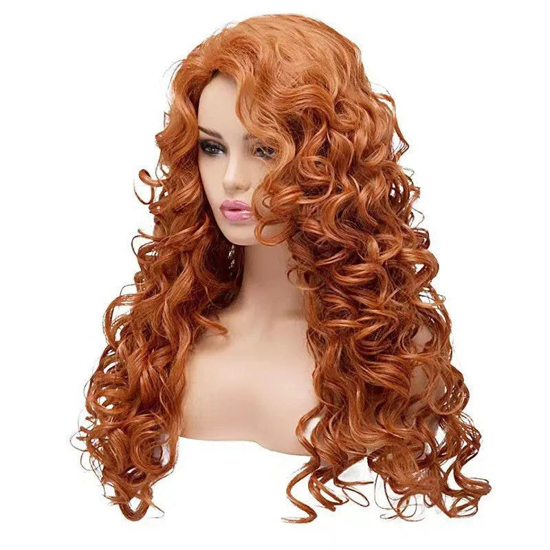 Long brown curly wavy synthetic wig for Halloween cosplay or fashion wear.