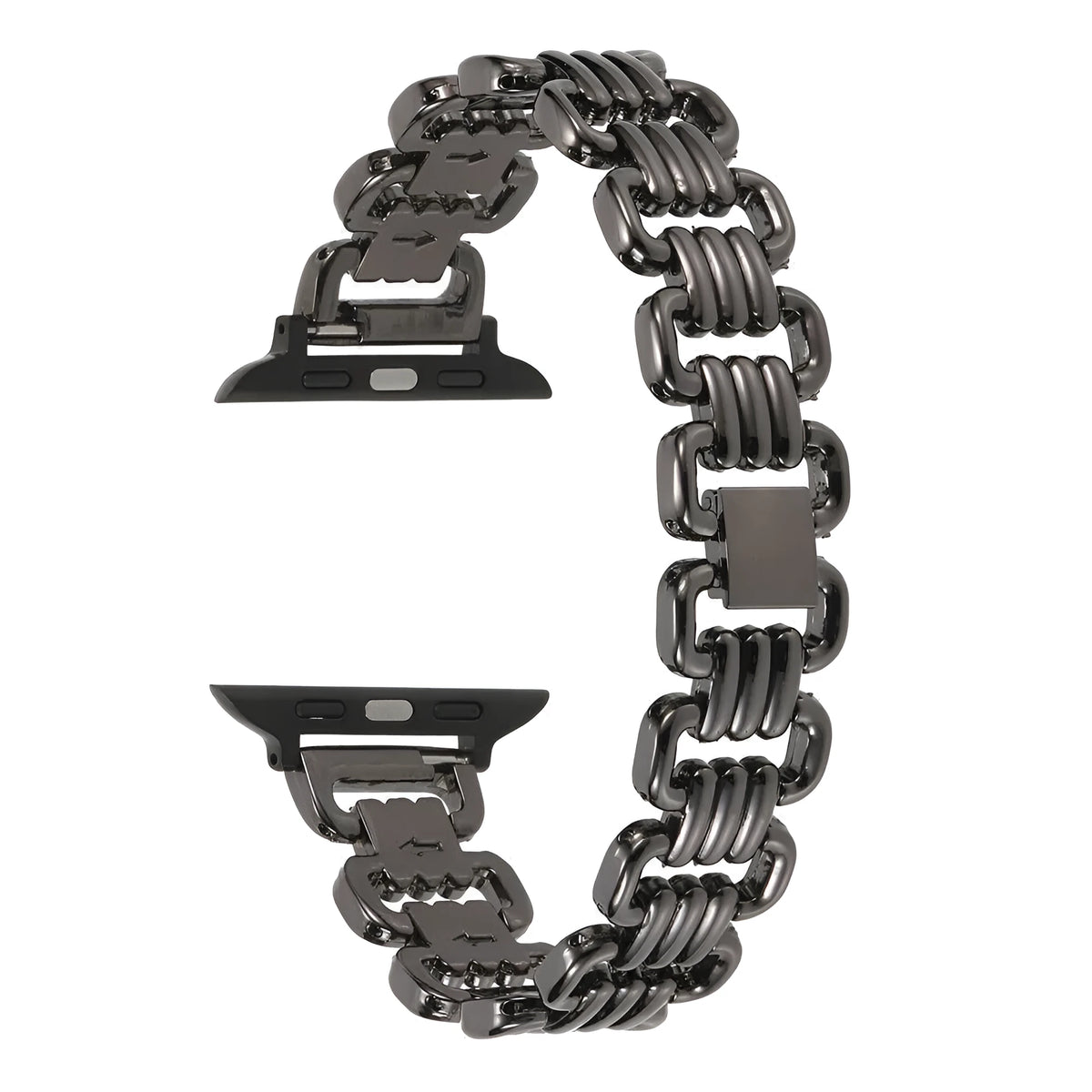 Alloy metal Apple Watch bracelet in silver, black, gold, rose gold, and Starlight colour options.