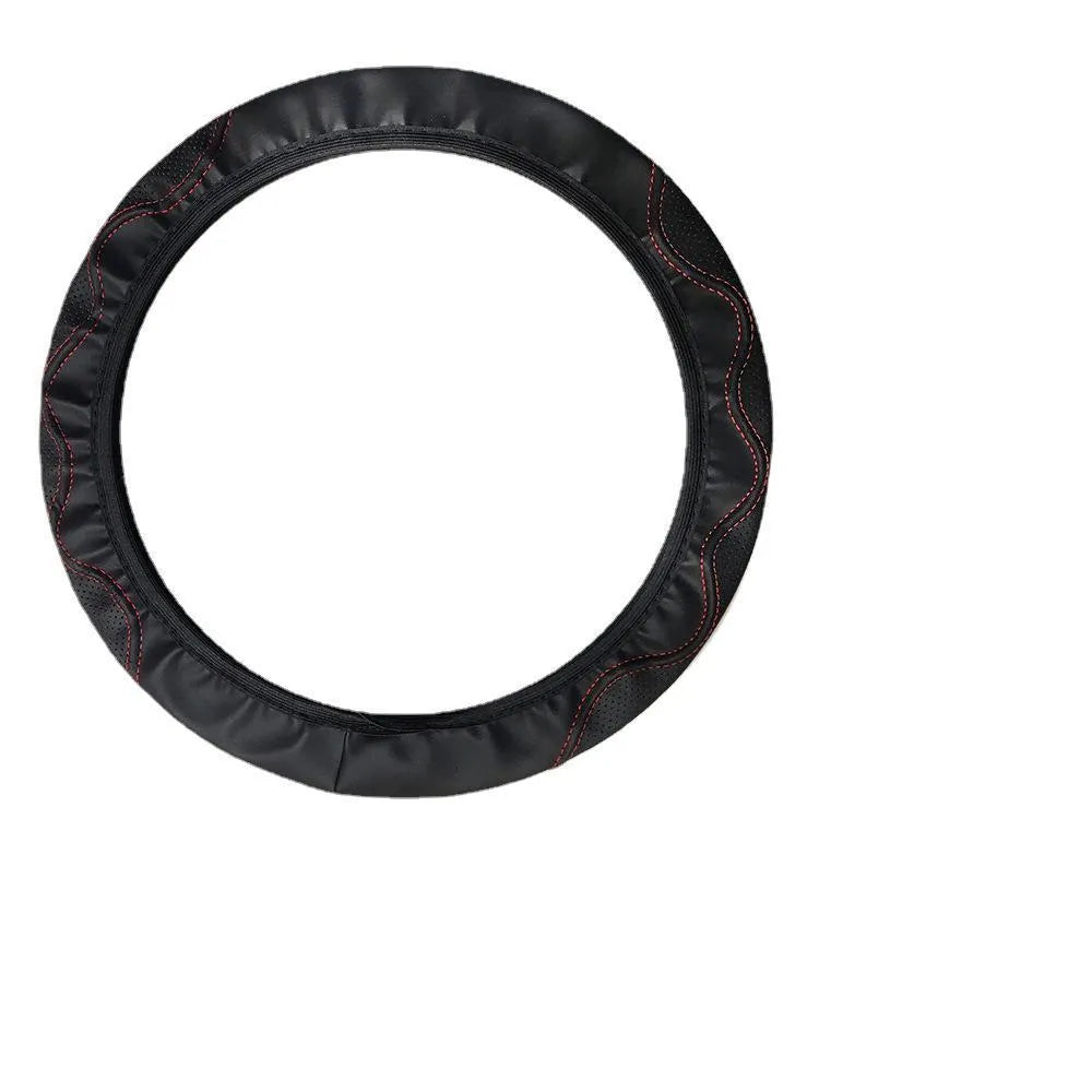 Black elastic PU leather steering wheel cover with a corrugated pattern, shown fitted on a car wheel.