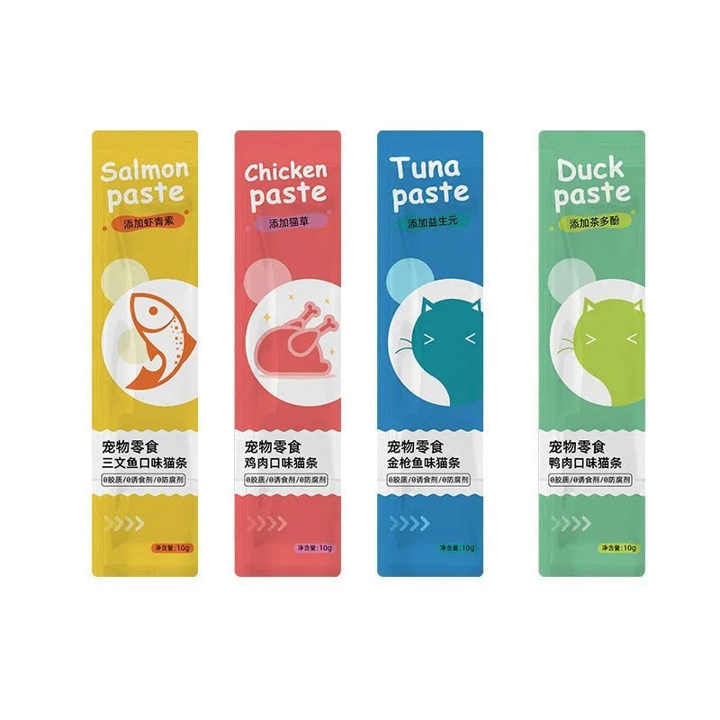 Pouch of 10 cat strip treats showing chicken, duck, salmon, and tuna flavour varieties.