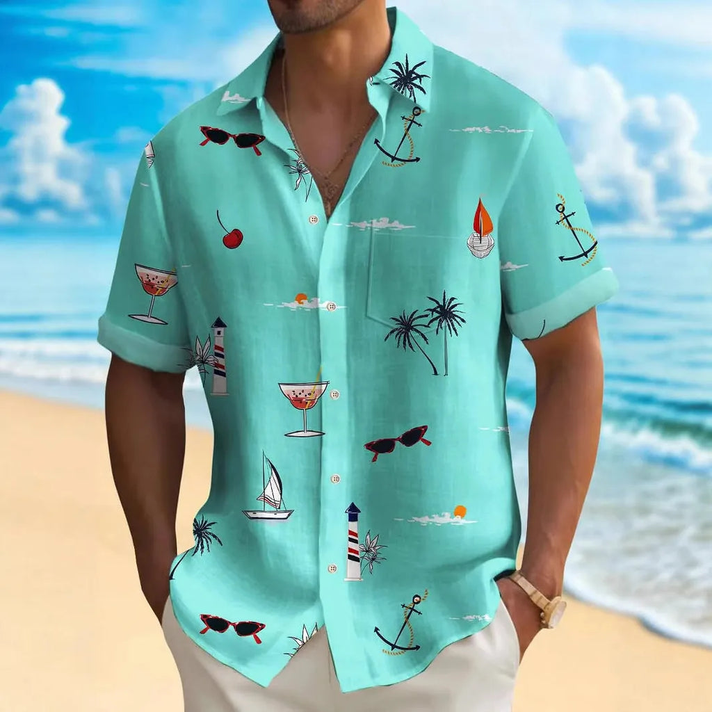 Man wearing a loose-fit short-sleeve Hawaiian shirt with a colourful digital print pattern.
