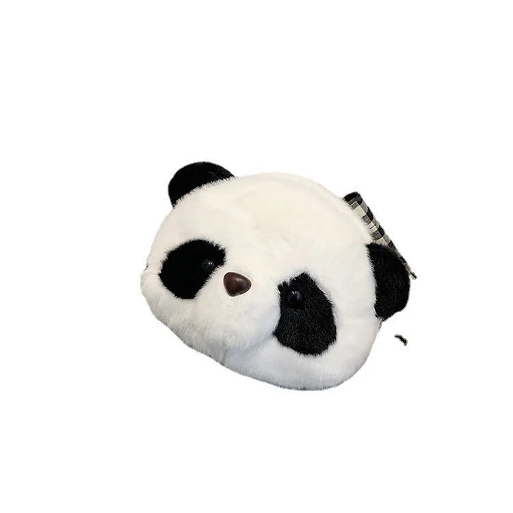 Plush cylindrical crossbody bag with panda head design measuring 18cm by 15cm by 8cm