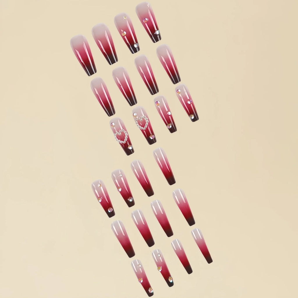 Wine red gradient plaid fake nail tips with ballet style shape