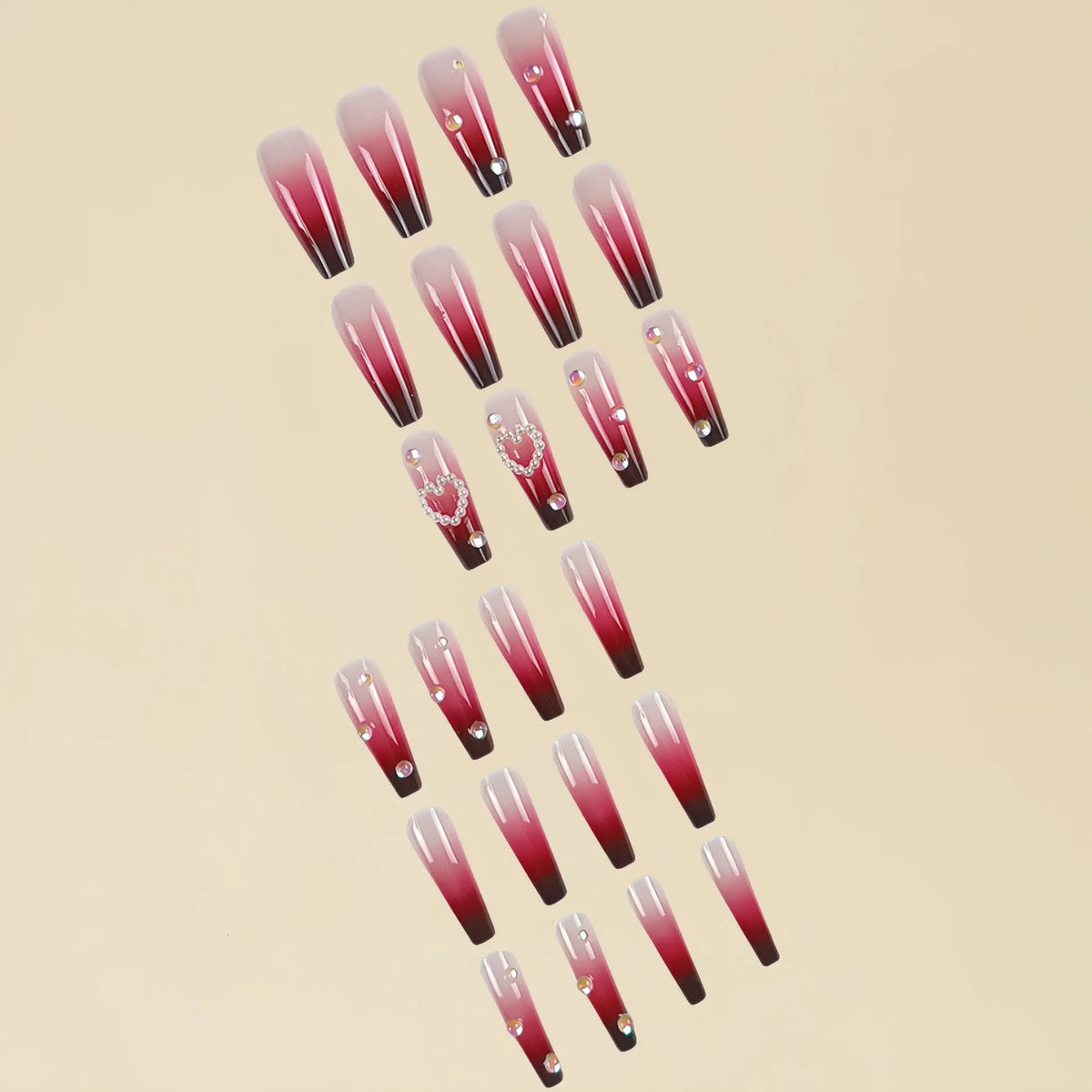 Wine red gradient plaid fake nail tips with ballet style shape