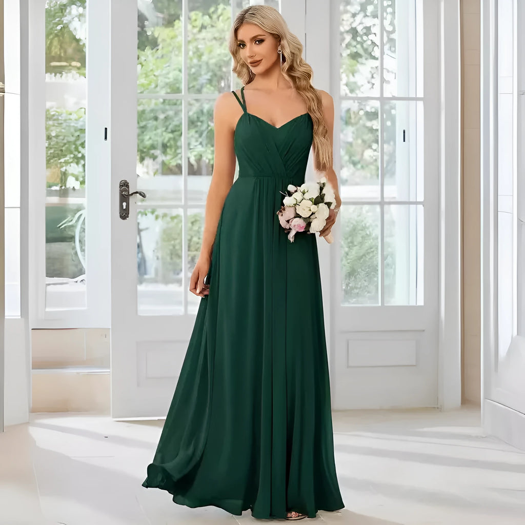 Sleeveless sling neckline banquet dress with long pleated A-line skirt in light green colour