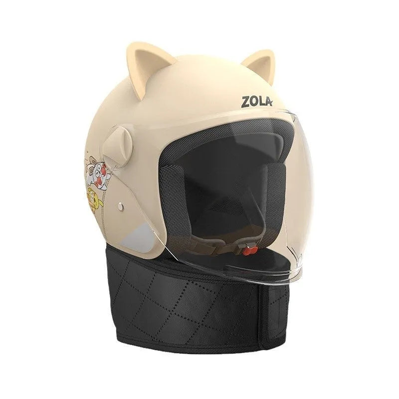 Blue electric bicycle helmet with a built-in neck scarf and a clear anti-fog visor lowered.