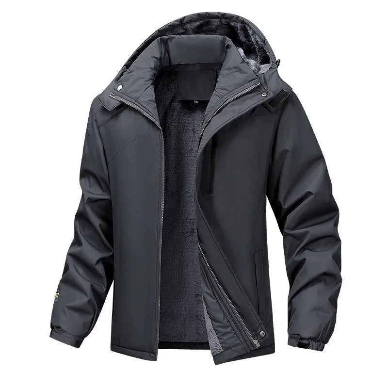 Men's plus size waterproof hooded coat in army green shown on a model, featuring a loose fit and a front zip.