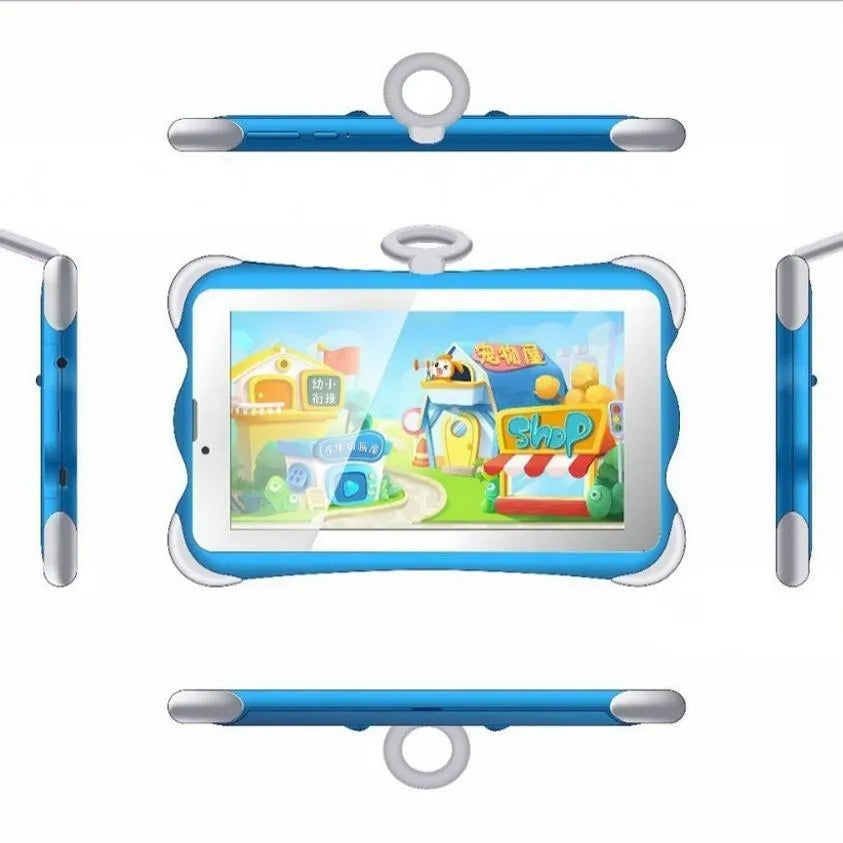 A 7-inch children's learning tablet in a cartoon colour, shown with its stand attached, on a table.