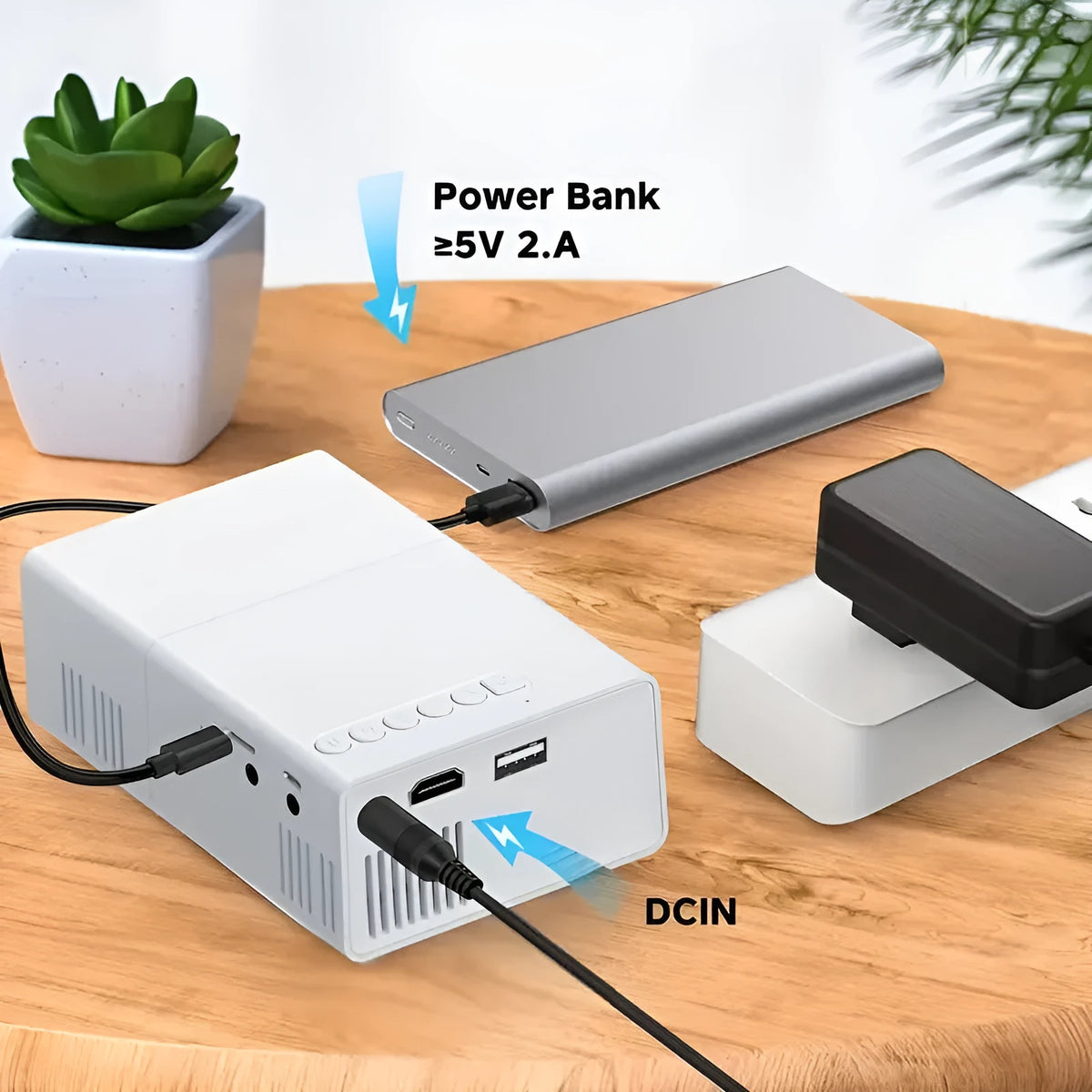 M100 mini projector in white or black colour with remote control and cables for 100-inch home projection