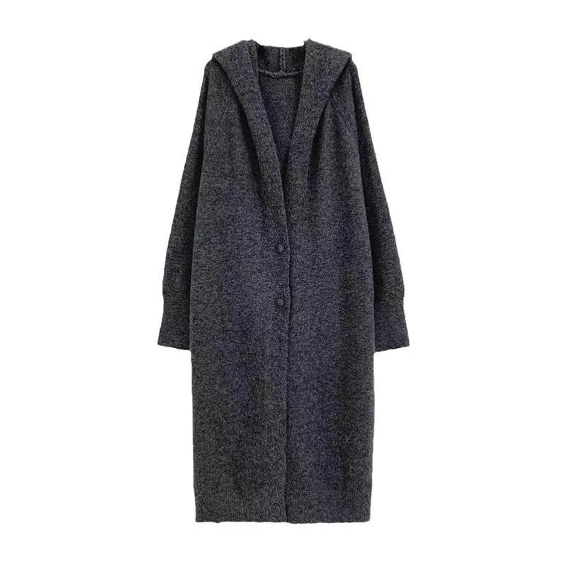 Women's long brown knitted hooded cardigan with a loose fit and below-the-knee length.