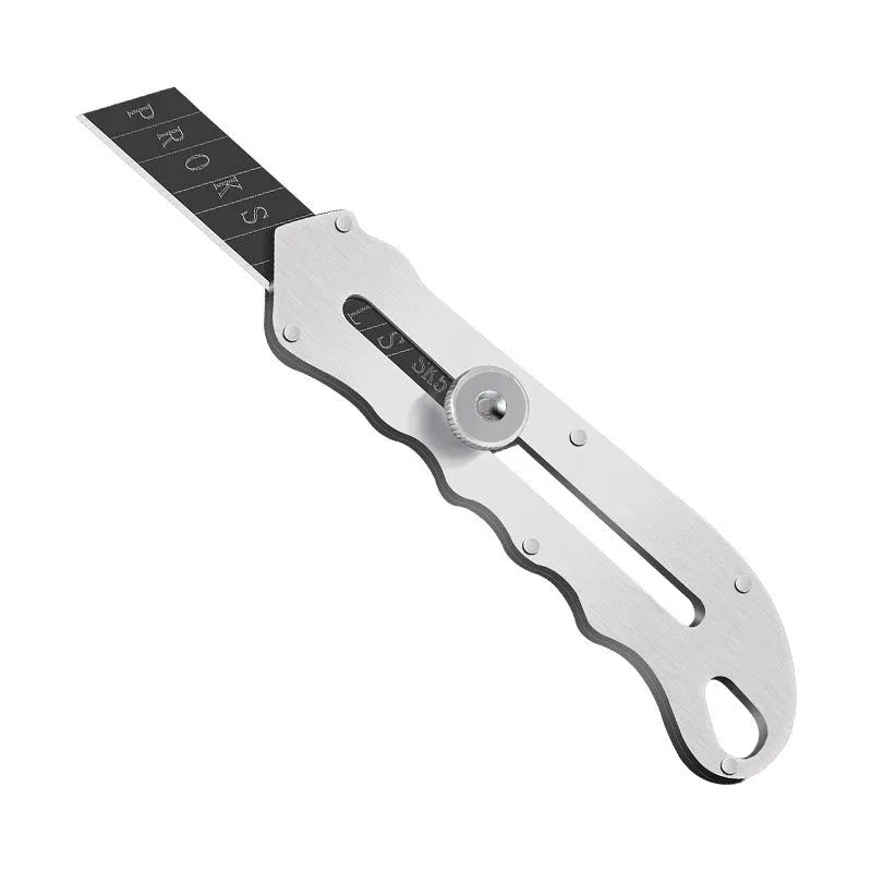 Stainless steel folding art knife with black blade and a pack of long and trapezoidal blades.
