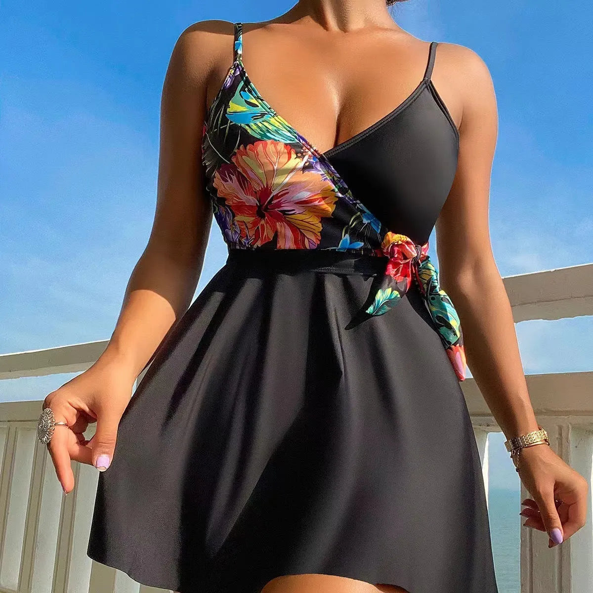 Black women's high waist printed split bikini briefs for swimming and sports.