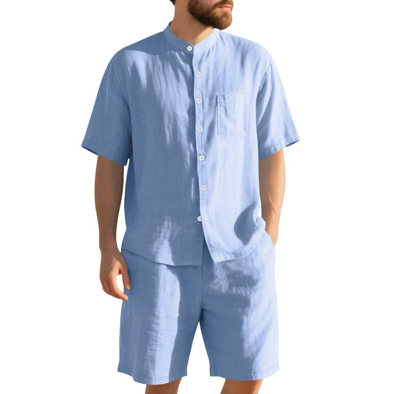 Men's linen Henry collar short sleeve shirt and matching shorts summer suit in multiple colours