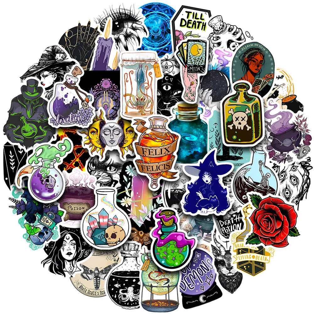 Pack of 50 colourful waterproof PVC stickers in various sizes from 3cm to 8cm on a white background.