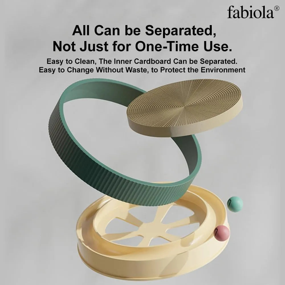 Large green circular cardboard cat scratching board with built-in track balls and a spring plush ball toy.