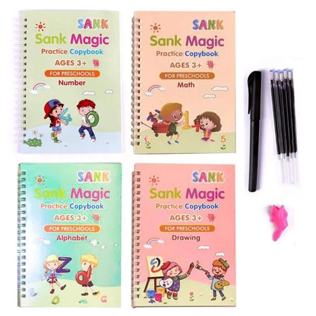 Magic stylus calligraphy copybook set for children with four practice books and pen.