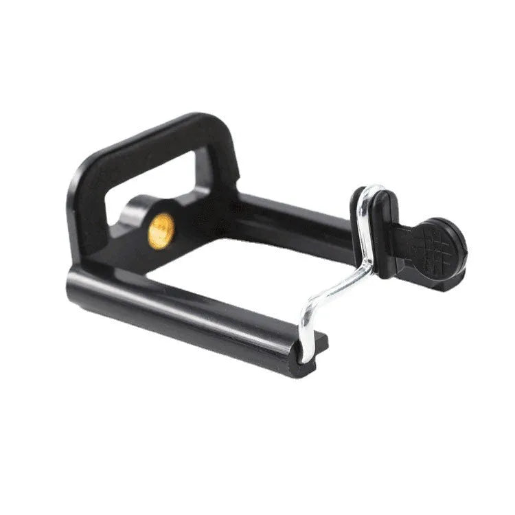 Black plastic U mobile phone clip hose bracket showing universal phone holder attached to cylindrical object