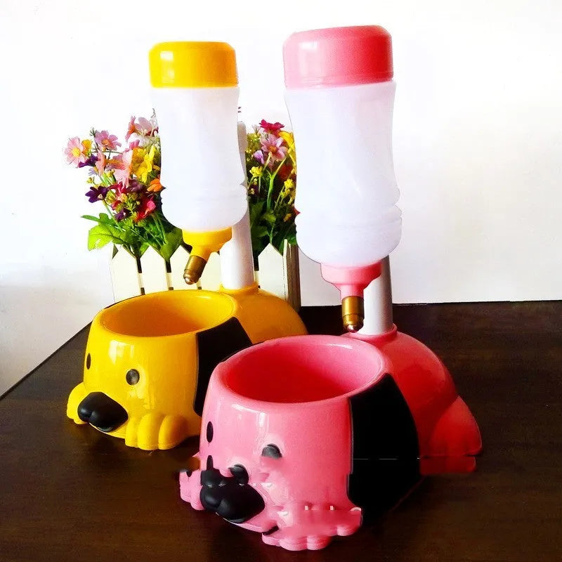 Adjustable plastic pet drinking bowl with rod lifting mechanism in pink, blue or yellow colours