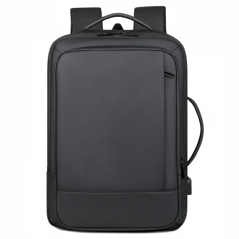 Black waterproof Oxford cloth backpack with curved shoulder strap showing 20-35 litre capacity