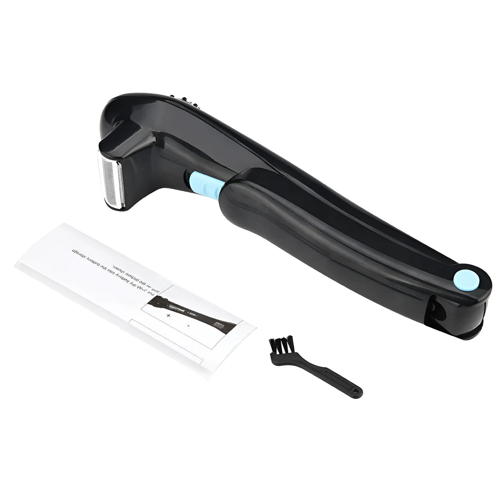 Black folding body electric shaver with battery compartment open
