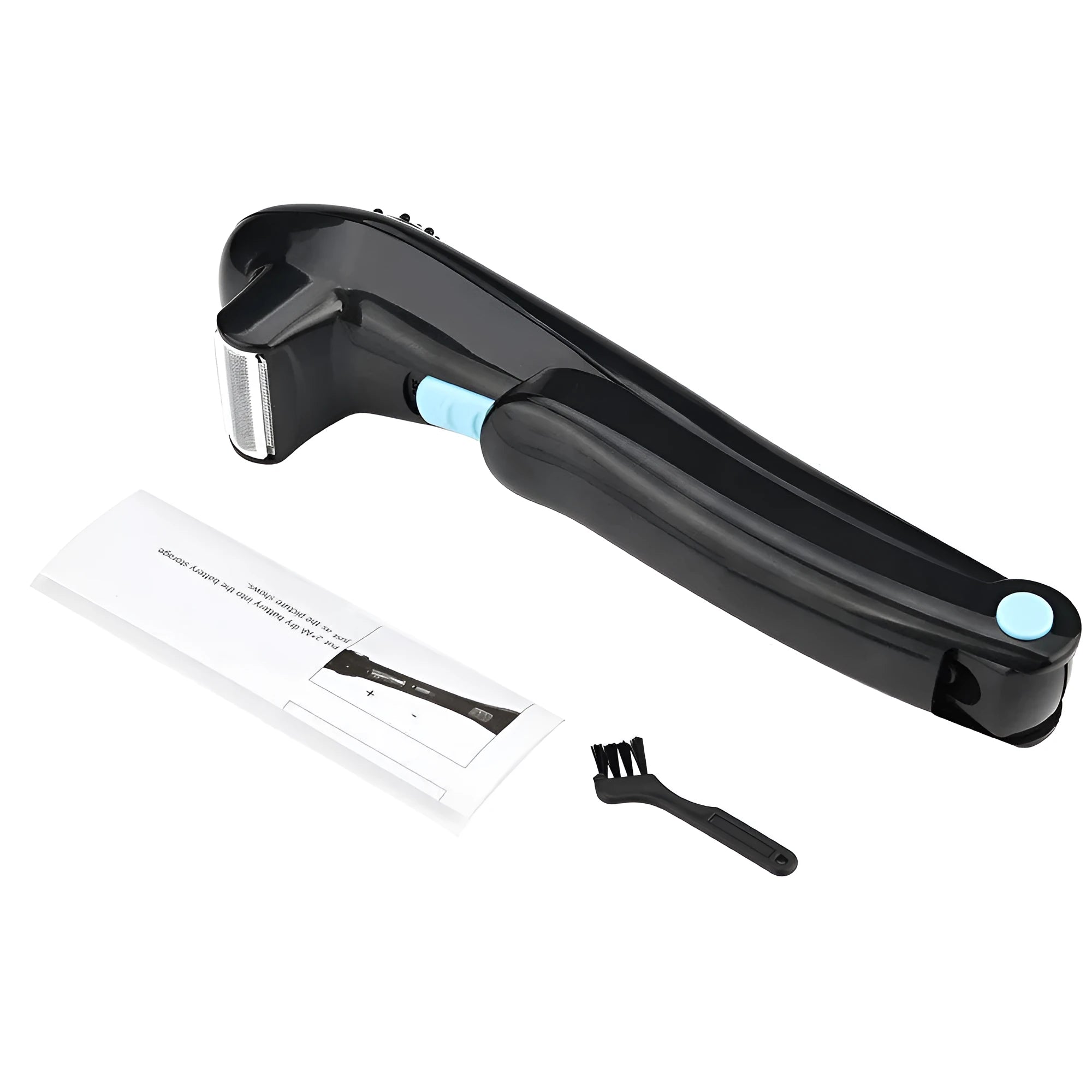 Black folding body electric shaver with battery compartment open
