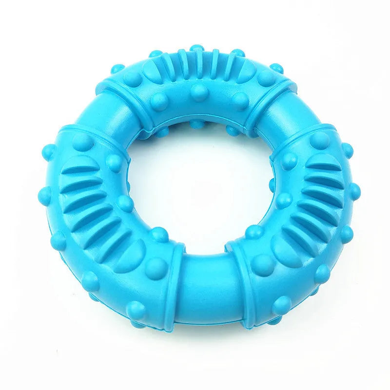 Blue bouncy hollow dog fetching stick toy for large dogs on a green lawn