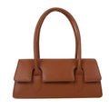 Women's black PU leather small square shoulder bag with stitching detail on a table.