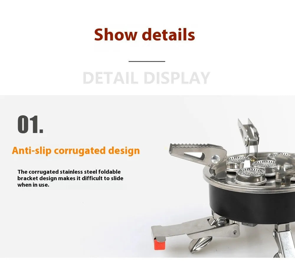 Silver portable split camping stove with stainless steel body and a long black hose, shown folded.