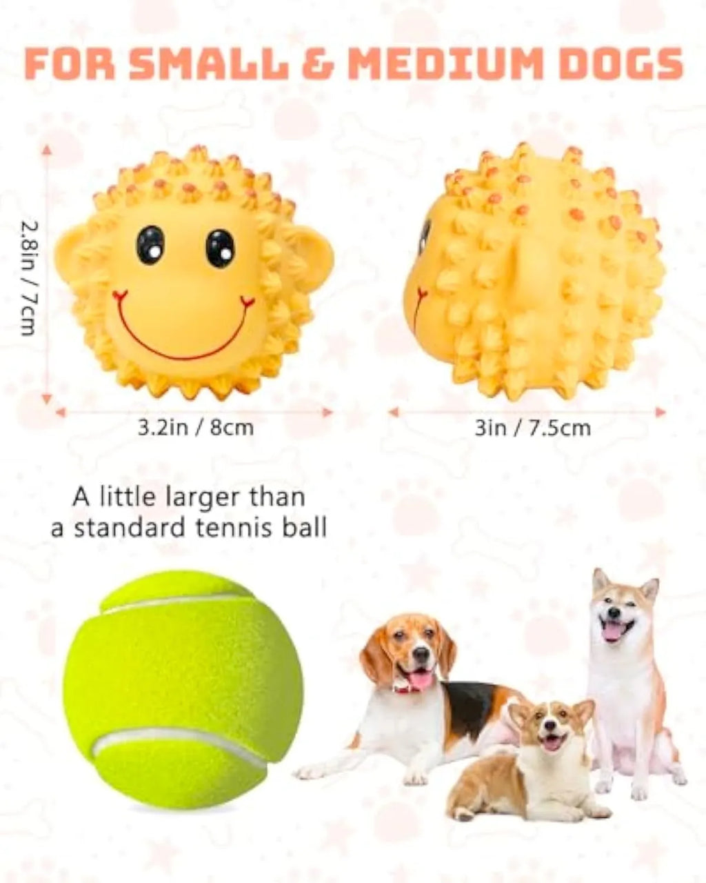 Orange and yellow spiky latex squeaky dog toys showing animal designs and textured surface