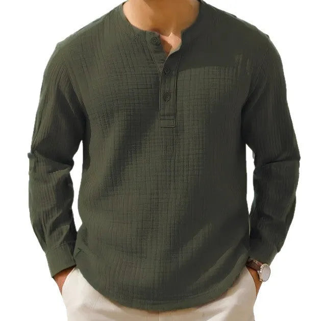 Men's slim fit cotton linen blend long sleeve t-shirt in Army Green with three-quarter sleeves.