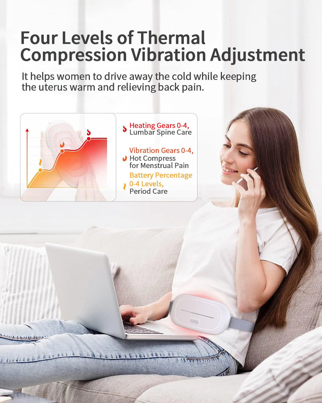 White handheld uterine warming device with soft-touch surface and adjustable settings