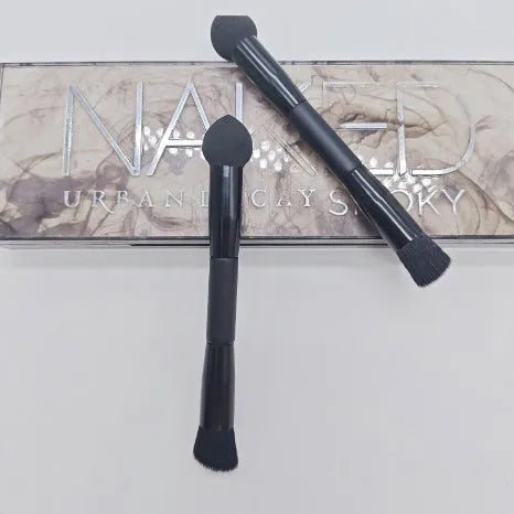 Elegant black double-headed miter sponge concealer brush with wooden handle and artificial fibre bristles