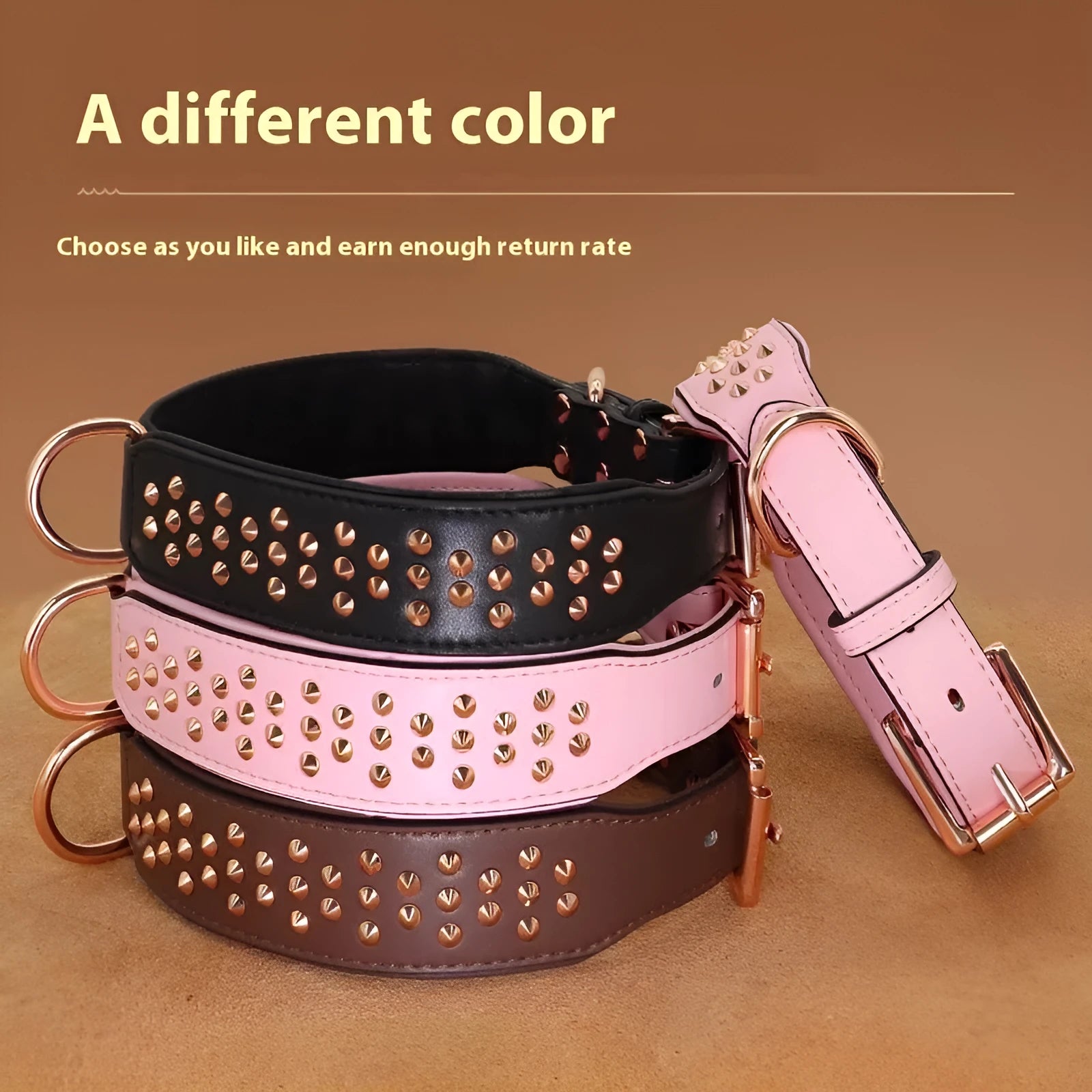Genuine leather dog collar with metal rivet studs and a strong metal buckle in black, chocolate, or pink colour.