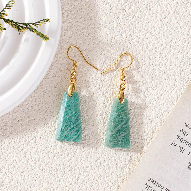 Amazonite rough stone trapezoid earrings with geometric octagon elements in gold setting