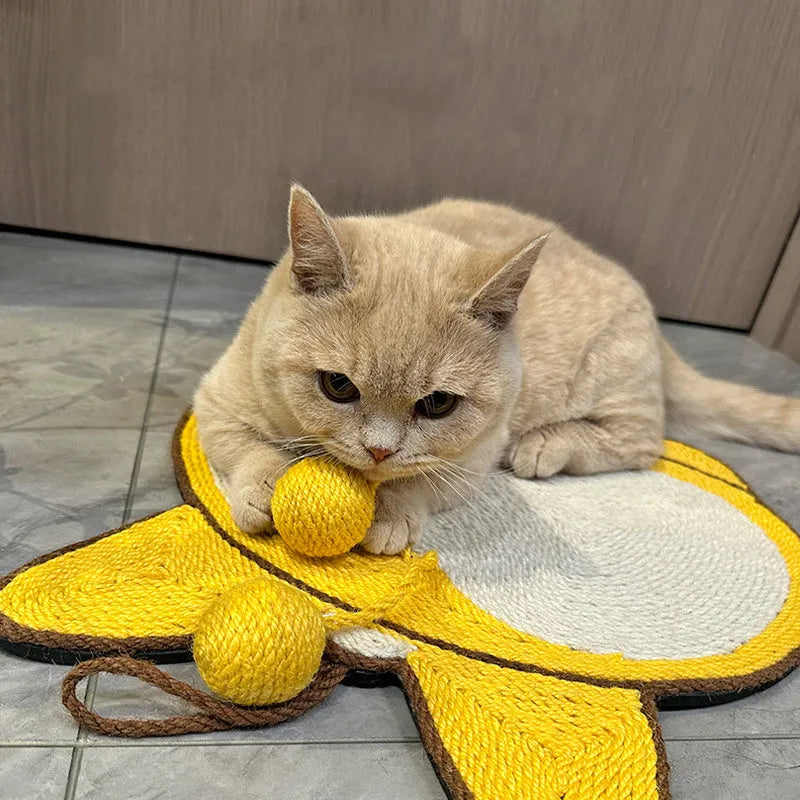 Yellow cat scratching pad with Corgi butt design on natural sisal surface with anti-slip base