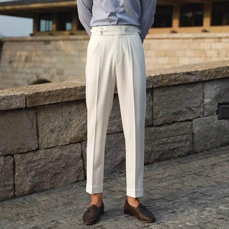 Men's slim fit straight-leg business trousers in chemical fibre blend available in apricot, black and white