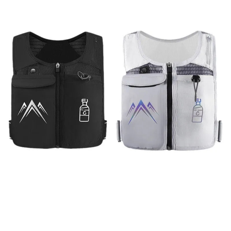 Breathable mesh sports running vest showing phone compartment and optional 500ml kettle accessory in classic black colour