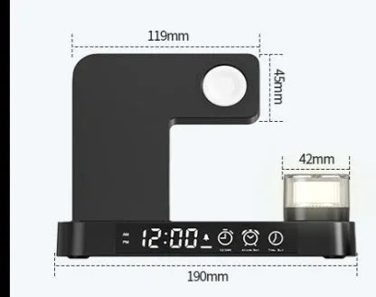 White 4-in-1 wireless charging station with foldable phone stand, alarm clock display, and RGB night light