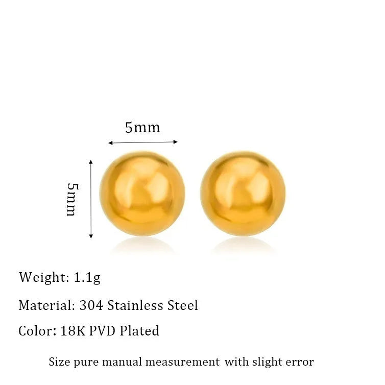Gold and silver spherical ball stud earrings in 3mm, 4mm, 5mm, and 6mm sizes on a plain background.