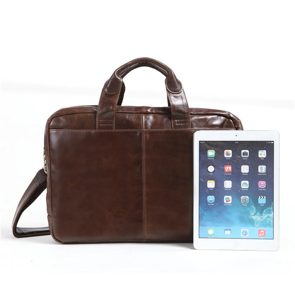 Brown men's business briefcase made from first layer cowhide leather measuring 18 inches