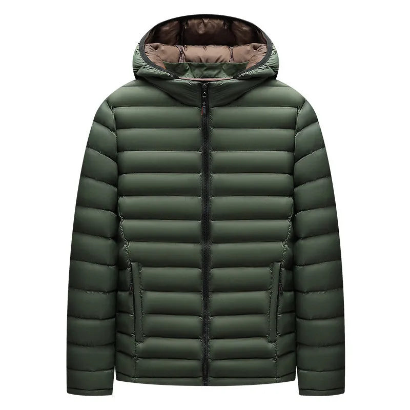 Man wearing a lightweight Army Green down jacket with a detachable hood and zippered pockets.