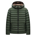 Man wearing a lightweight Army Green down jacket with a detachable hood and zippered pockets.