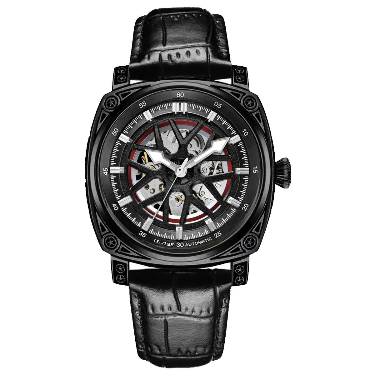 Men's automatic mechanical watch with stainless steel case and blue leather strap
