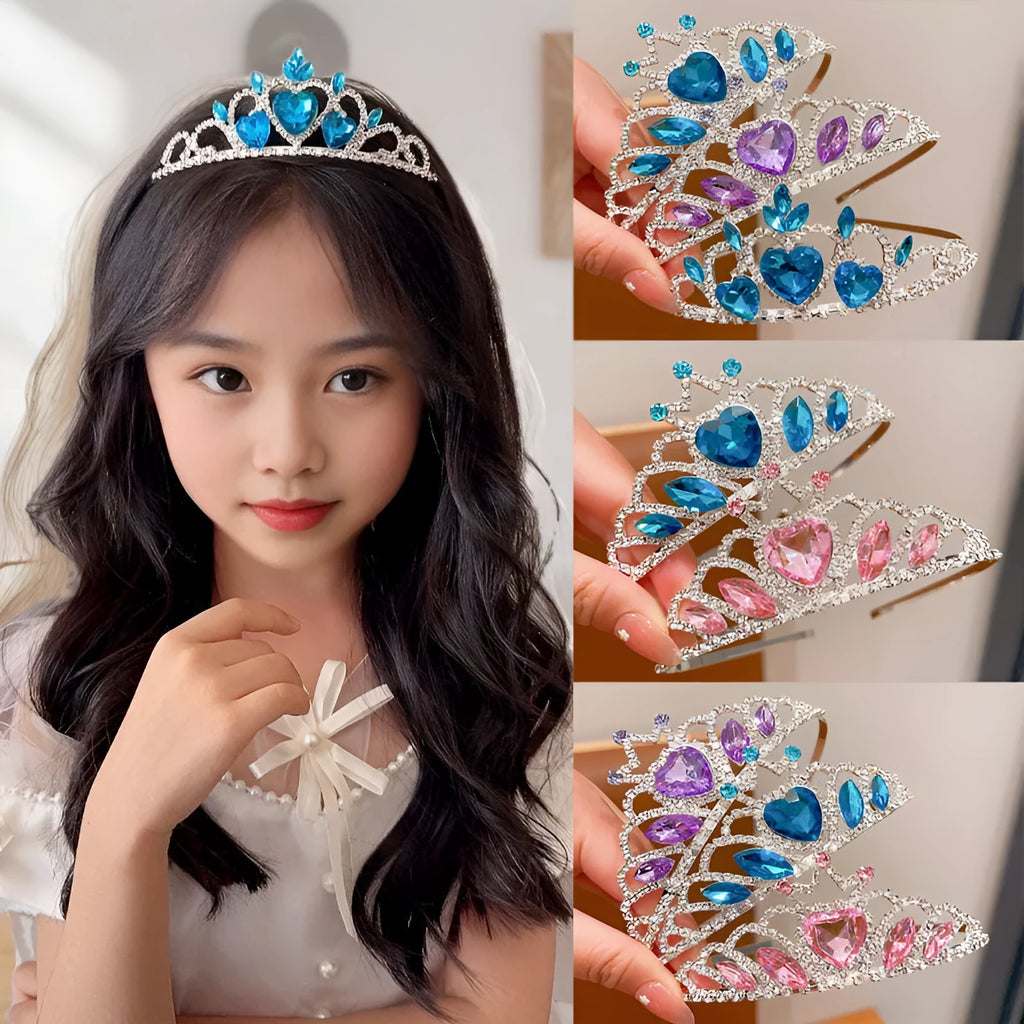 Children's metal headband with crystal crown design in pink, light blue, or light purple.