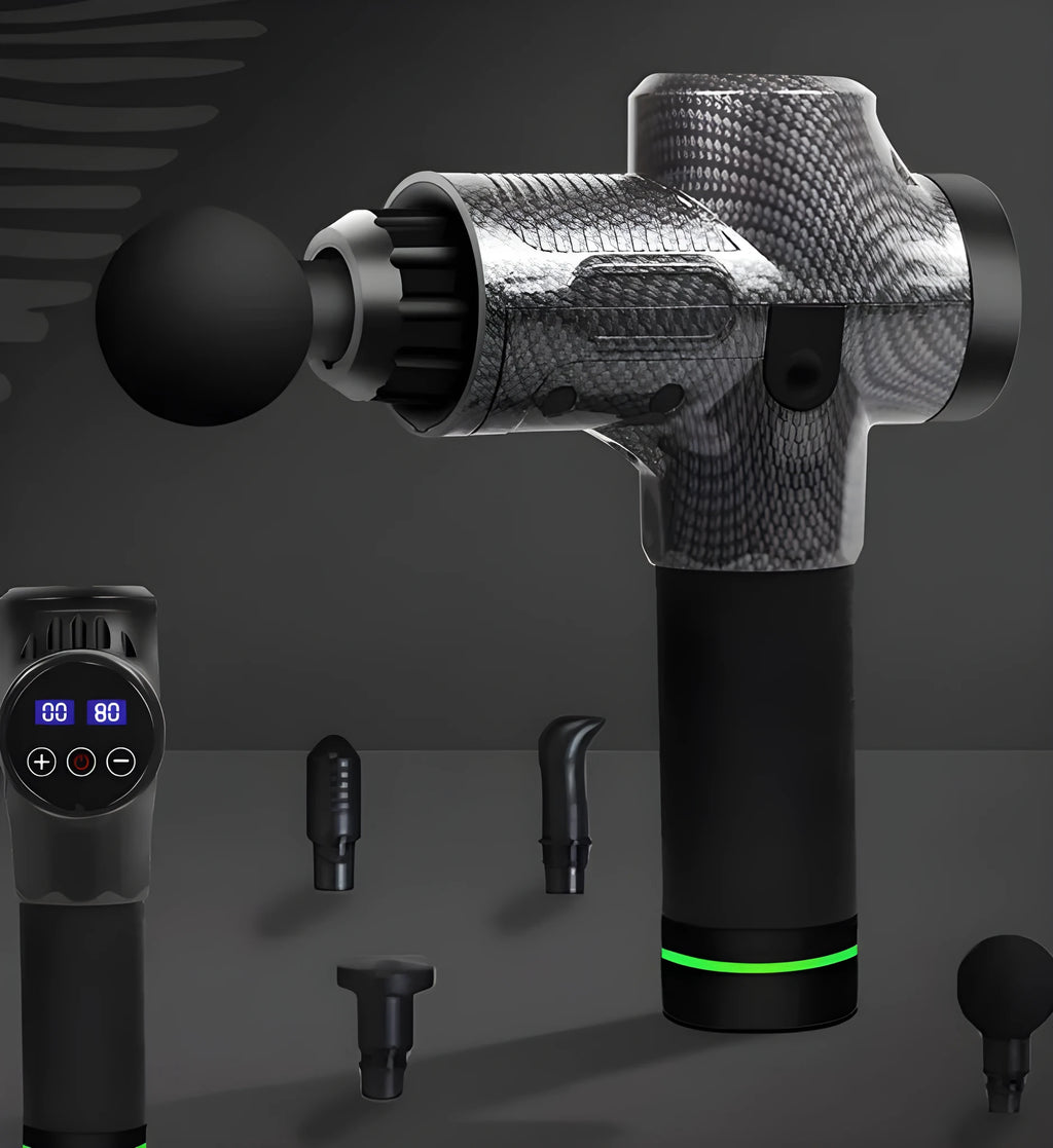 Black electric muscle massage gun with multiple attachment heads on a grey background.