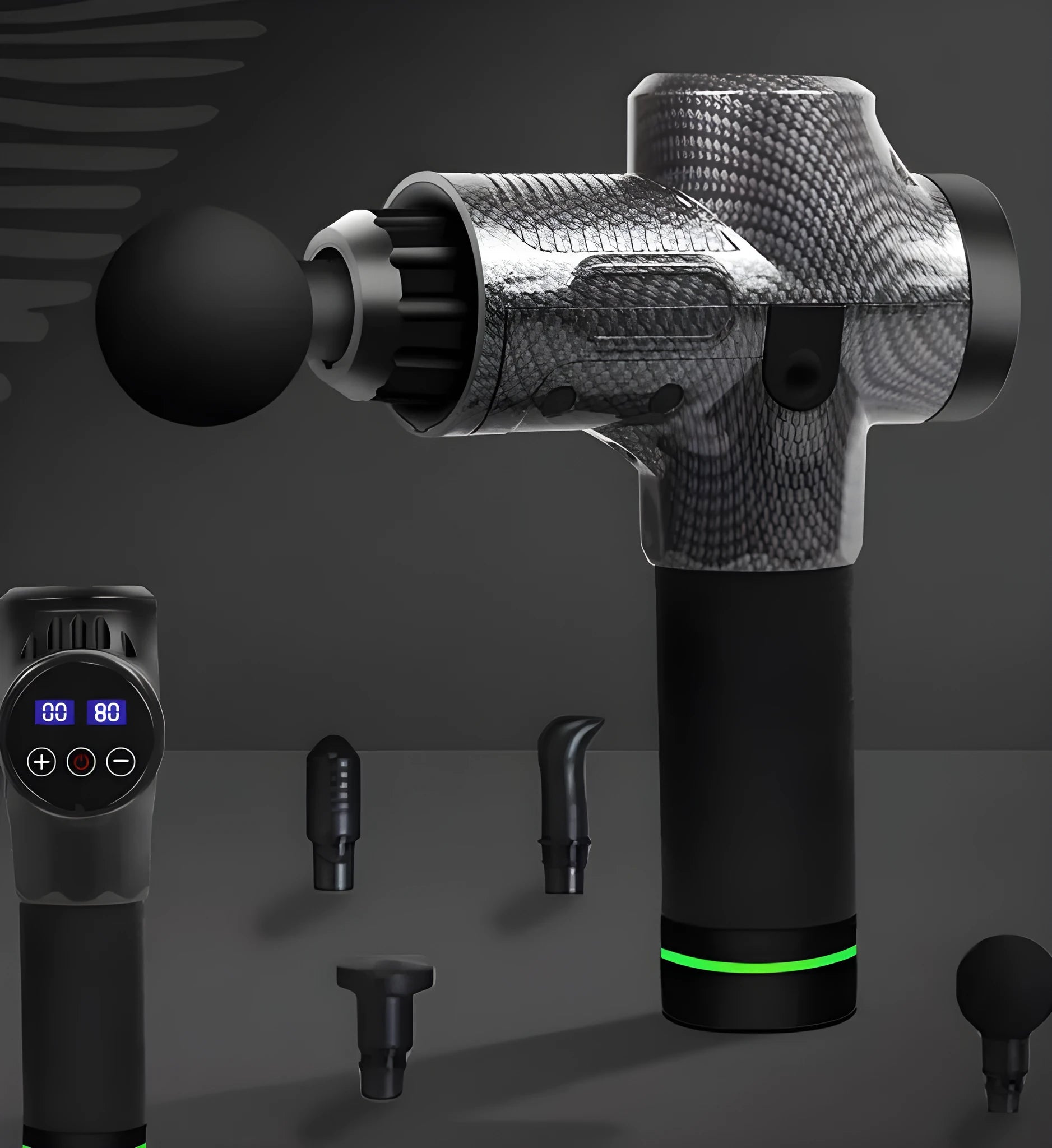 Black electric muscle massage gun with multiple attachment heads on a grey background.