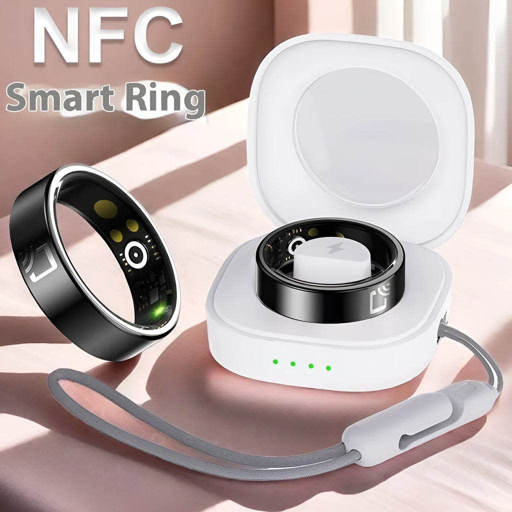 Black ceramic smart ring for health monitoring with heart rate, blood oxygen, and sleep tracking